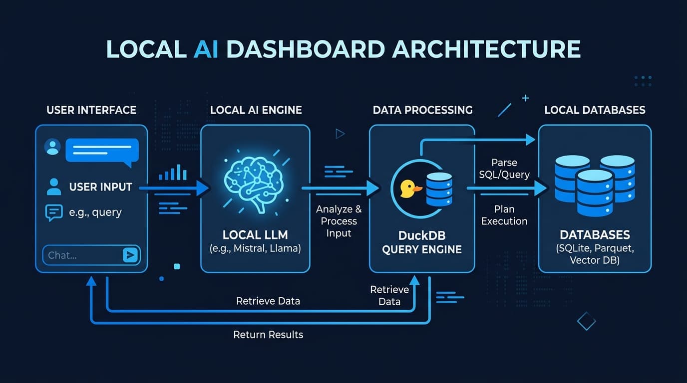 Local AI dashboard architecture showing the query flow from user input to local model to database