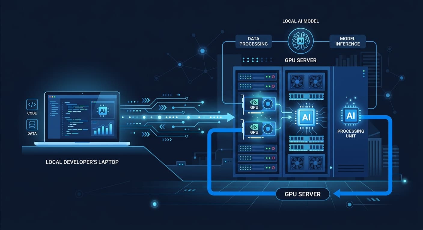Local AI deployment architecture showing data flowing from laptop through GPU server
