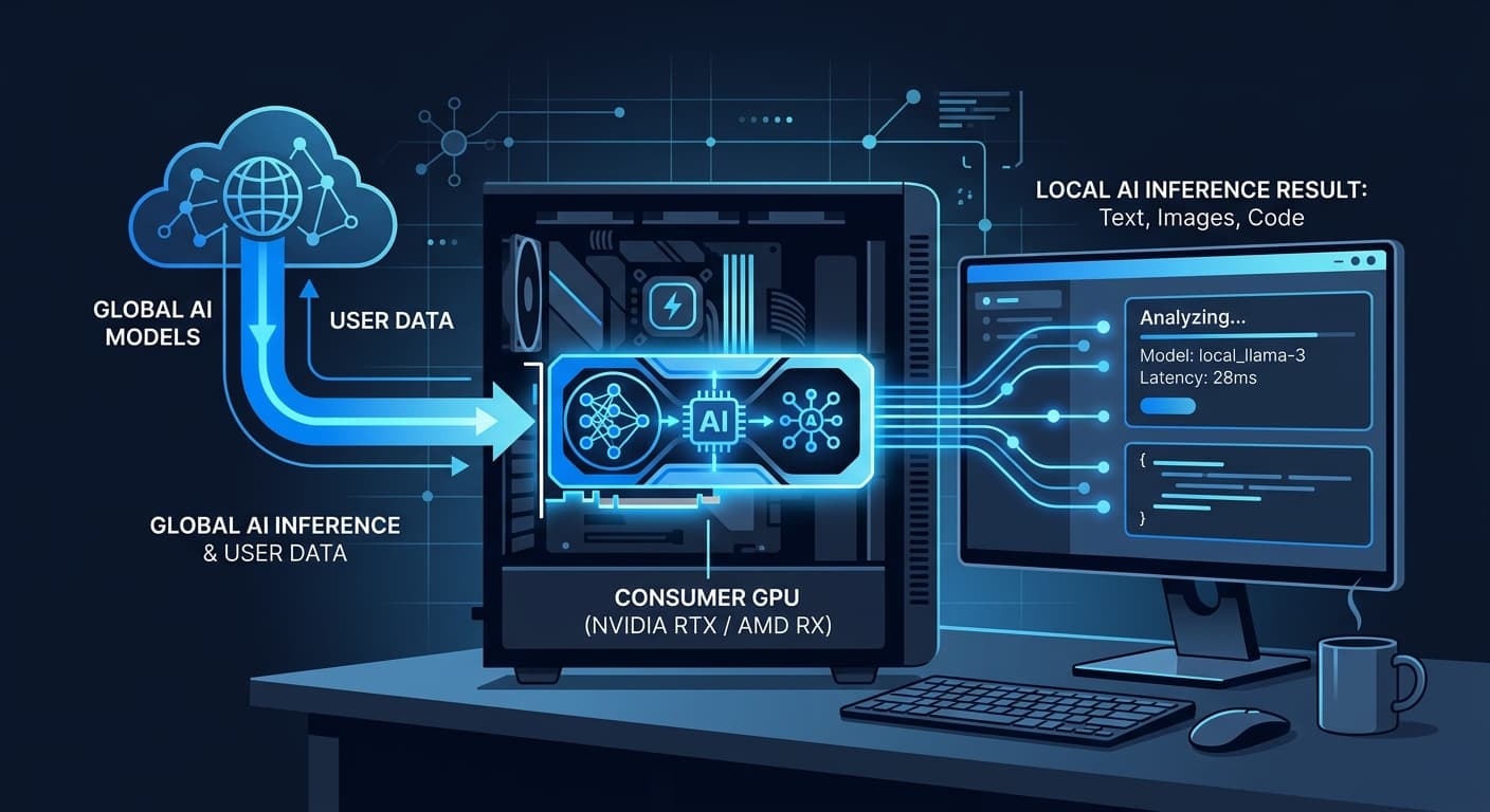 Local AI workspace illustration showing desktop hardware with AI processing