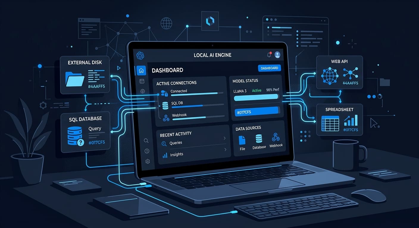 Local AI desktop dashboard connecting to databases and spreadsheets without cloud APIs