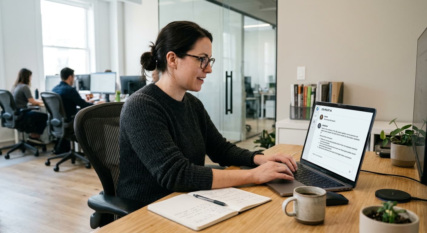 Professional workspace with AI assistant handling routine tasks