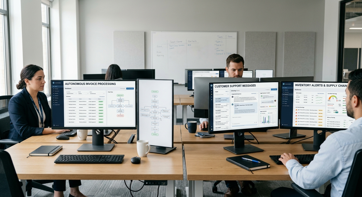 AI agents processing invoices, customer messages, and inventory alerts