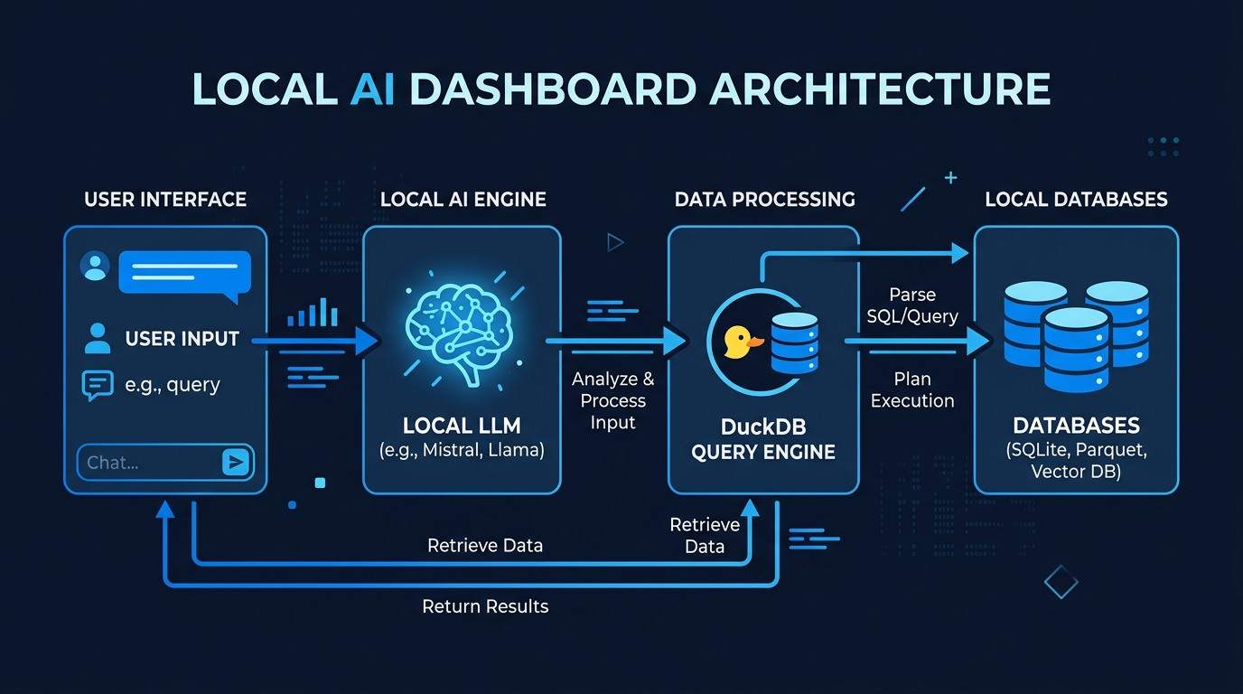 Local AI dashboard architecture showing the query flow from user input to local model to database