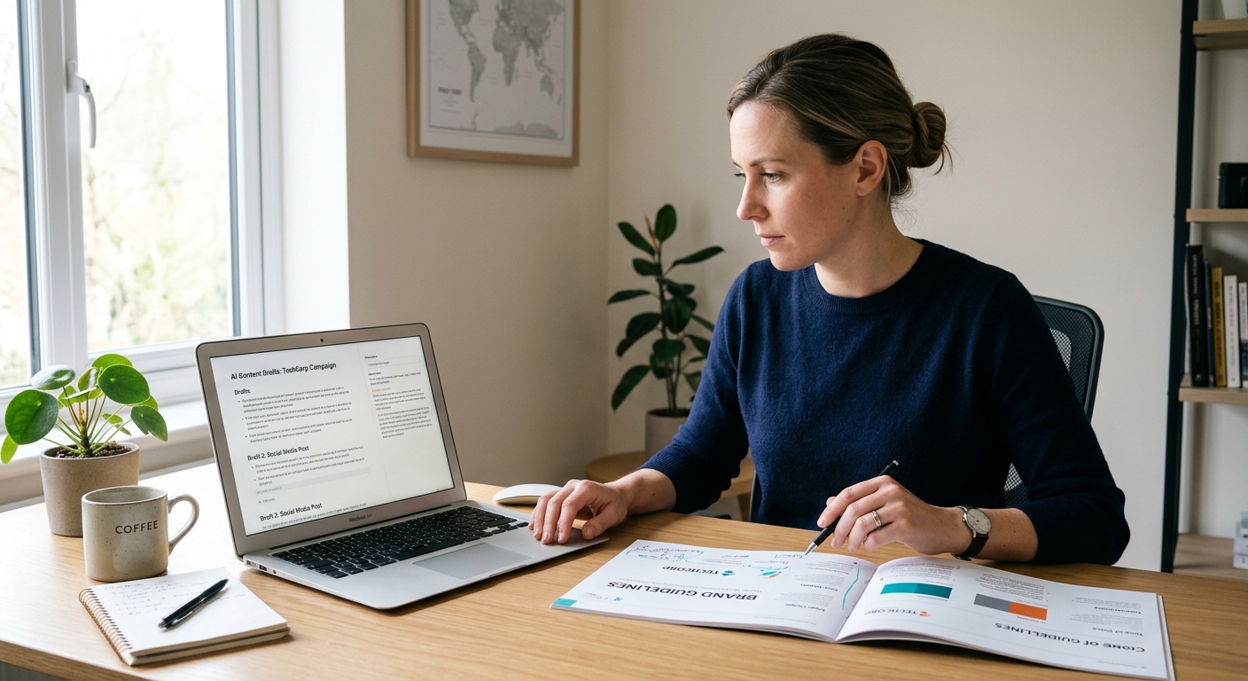 Marketing professional reviewing AI-generated content drafts