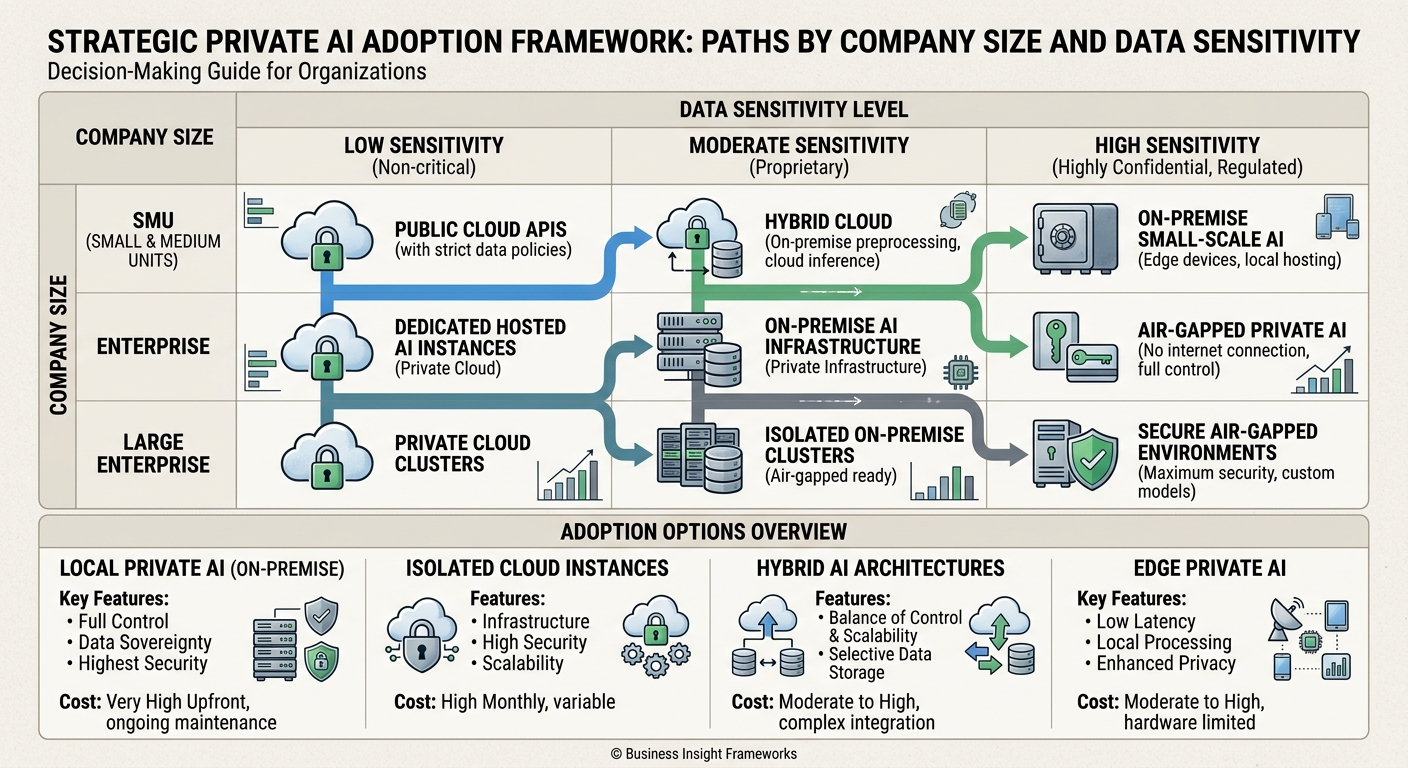 Private AI adoption decision framework comparing data sensitivity against organization size