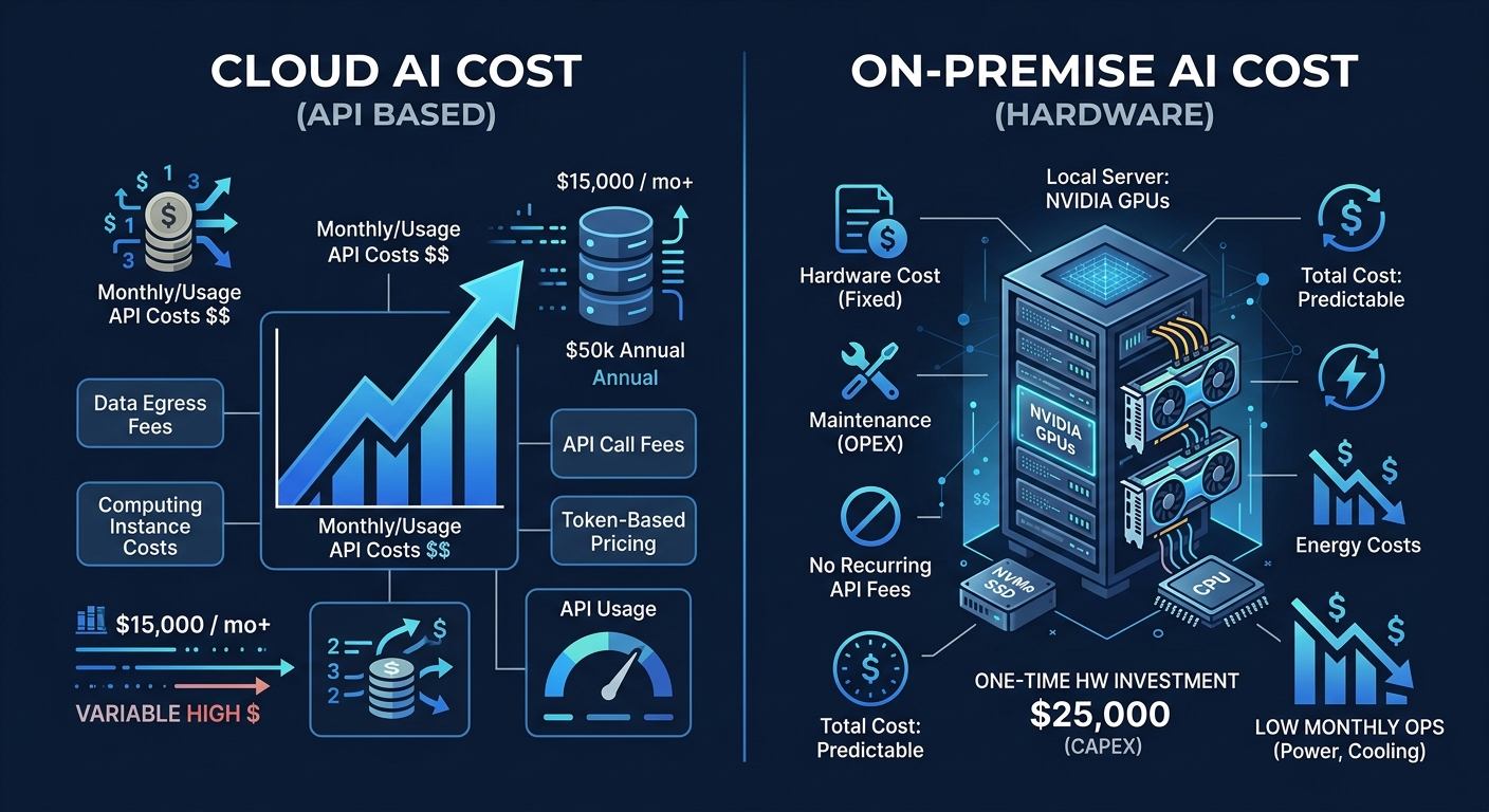 Cloud vs on-premise AI cost comparison showing expensive cloud API costs versus affordable local hardware