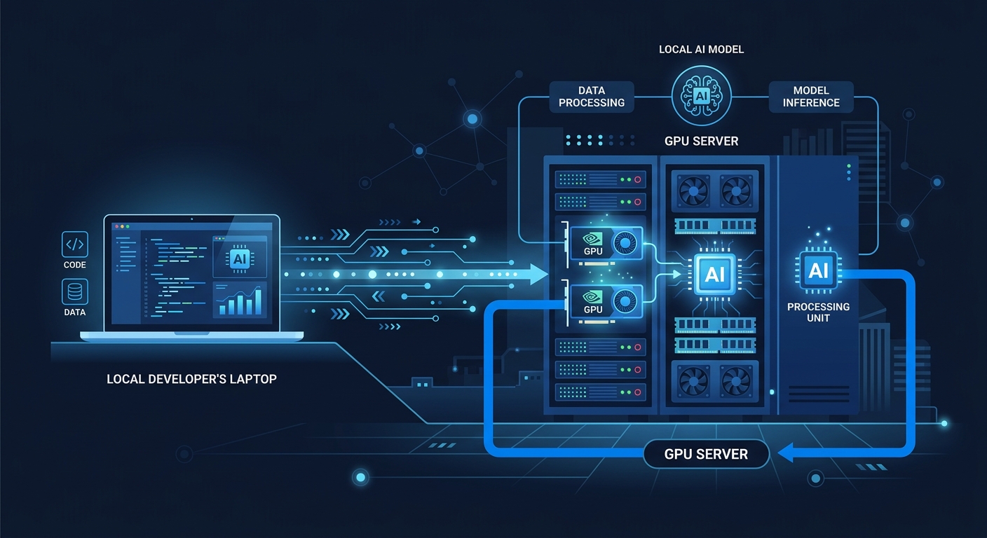 Local AI deployment architecture showing data flowing from laptop through GPU server