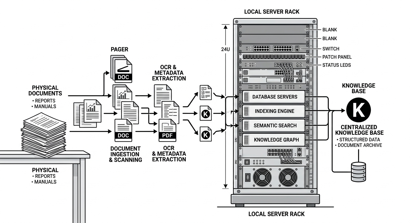 Local AI search architecture showing document ingestion, vector storage, hybrid retrieval, and local inference