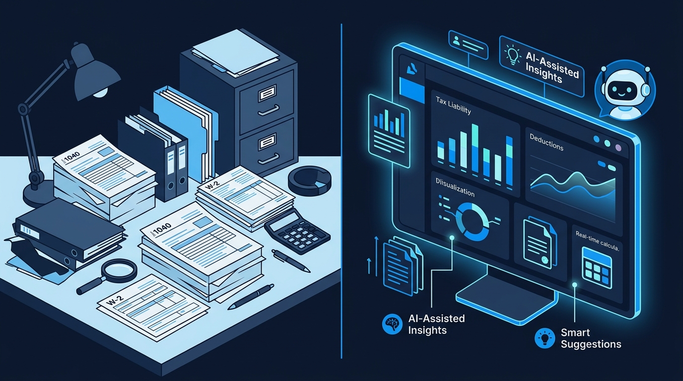 A split-screen view showing traditional tax filing paperwork versus a modern AI-assisted dashboard
