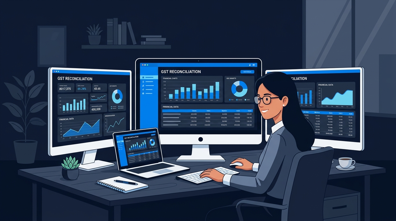 Indian CA working at a desk with multiple monitors showing financial dashboards