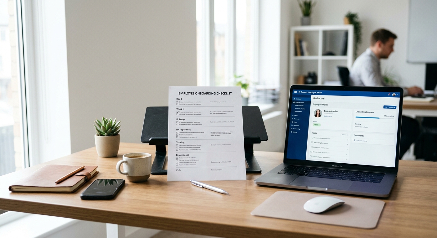 Onboarding checklist on desk with HR dashboard