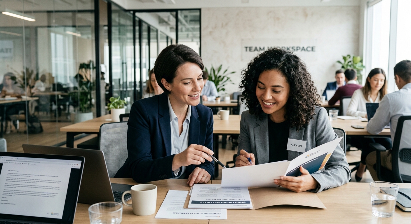 Manager and new hire reviewing documents during onboarding