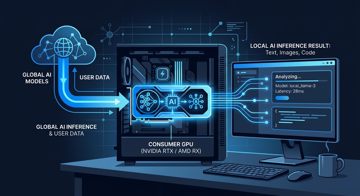 Local AI workspace illustration showing desktop hardware with AI processing
