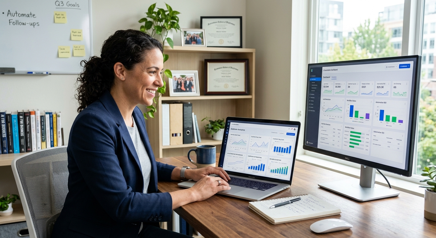 Small business owner using AI agents for local automation on a desktop computer