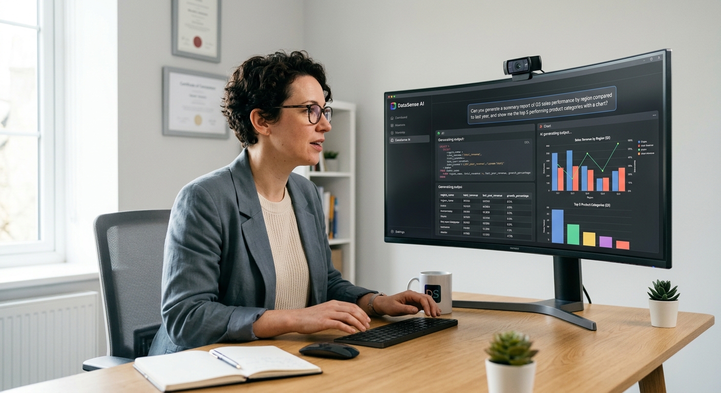 Person asking questions to a local AI model that generates SQL reports and charts from a desktop application