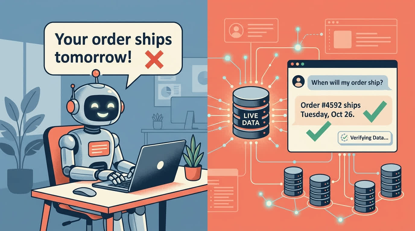 A confident chatbot giving wrong answers while a frustrated founder stares at their screen