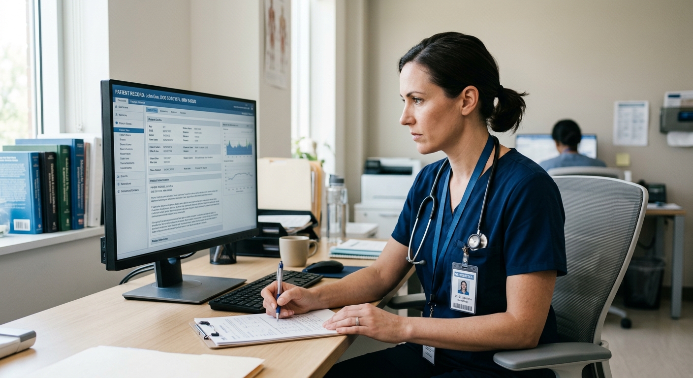 Doctor reviewing medical records on a secure local AI system