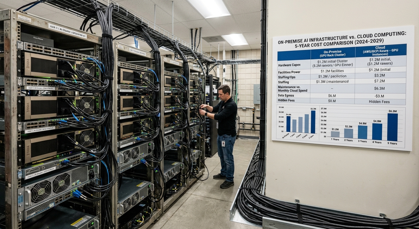 On-premise AI infrastructure server rack compared to cloud computing cost analysis dashboard