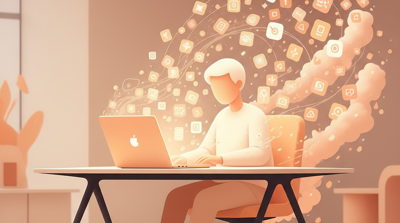 A clean desk with a single laptop showing a chat interface, surrounded by fading app icons dissolving away
