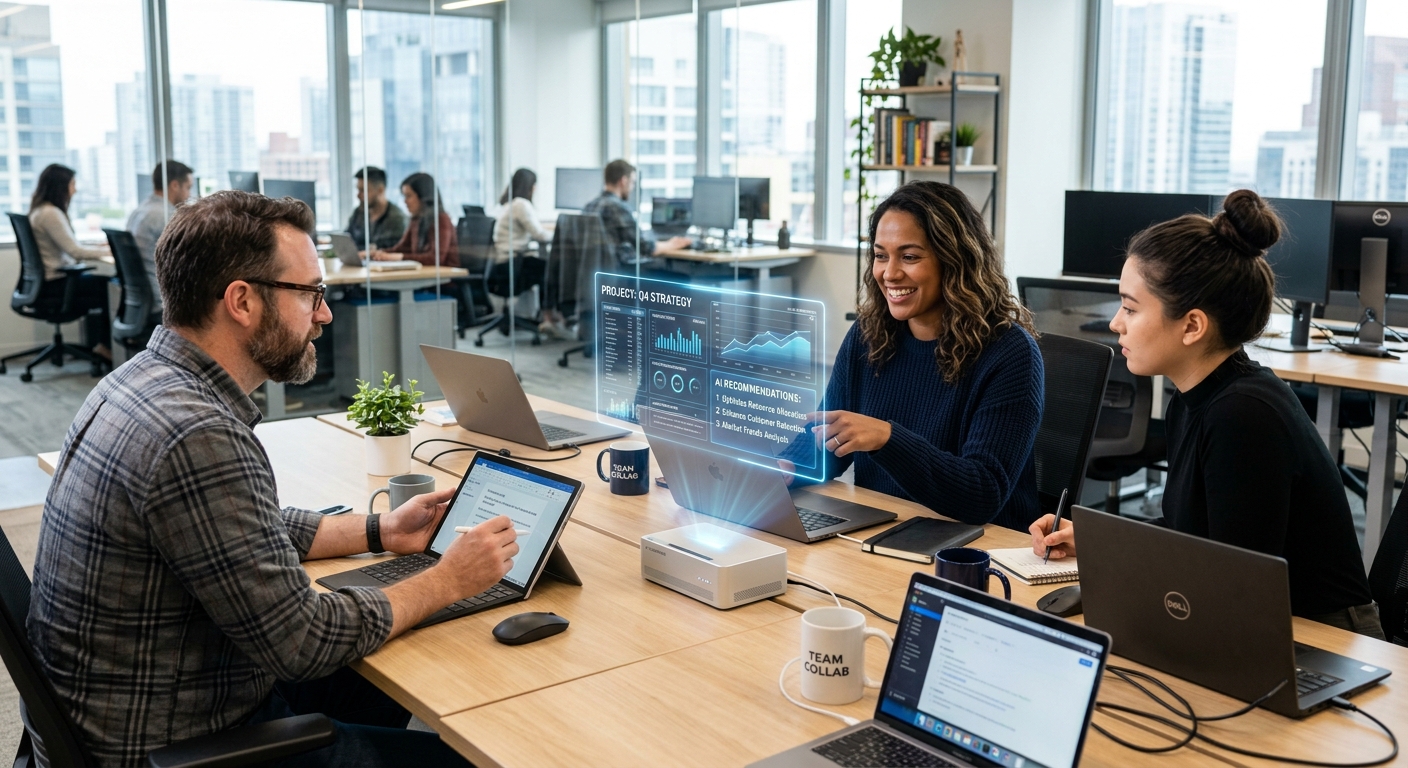 Non-technical team members collaborating with an AI coworker on a desk setup