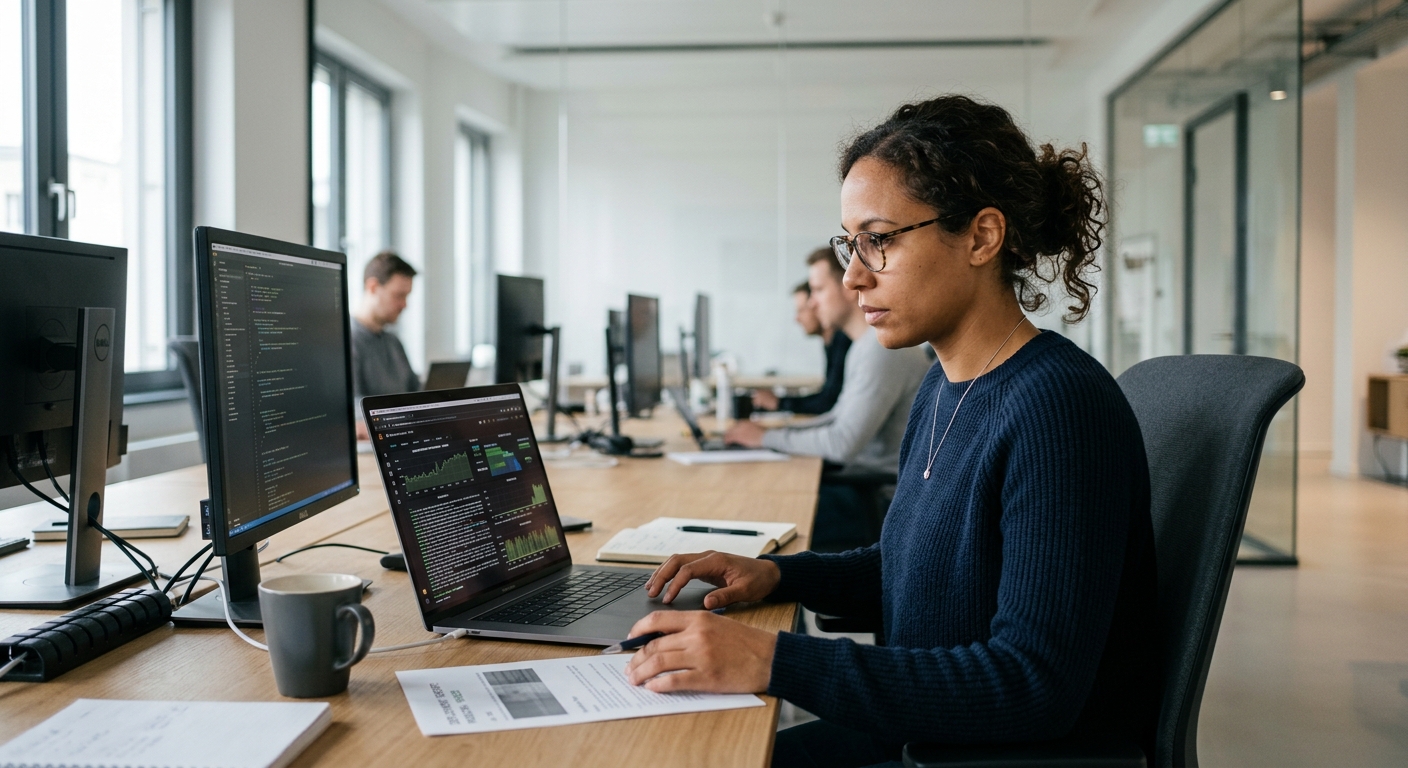 DevOps engineer reviewing automated infrastructure deployment reports generated by AI on a laptop