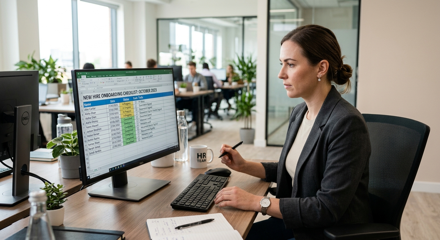 HR professional reviewing onboarding checklist on desktop computer