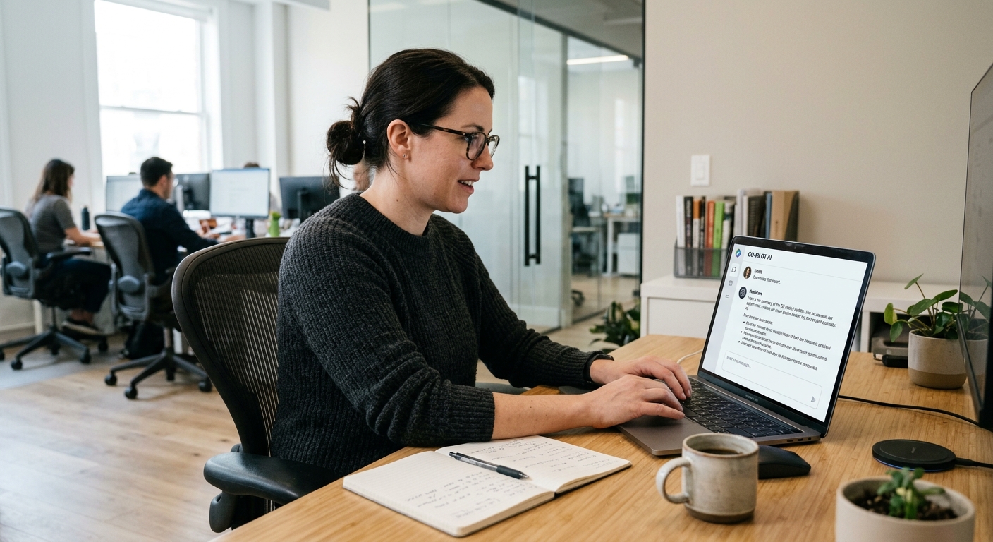 Professional workspace with AI assistant handling routine tasks