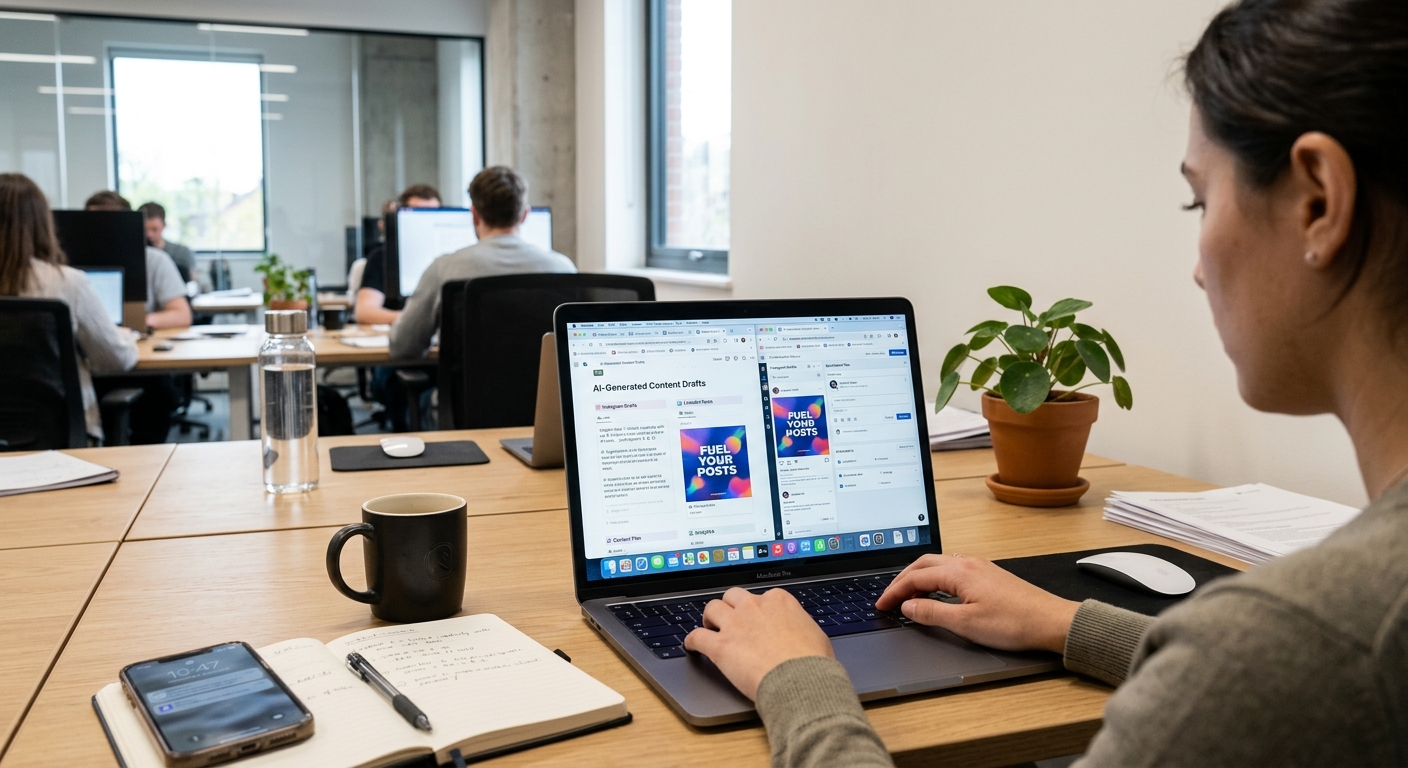 Marketing team desk with laptop showing AI-generated content drafts on screen