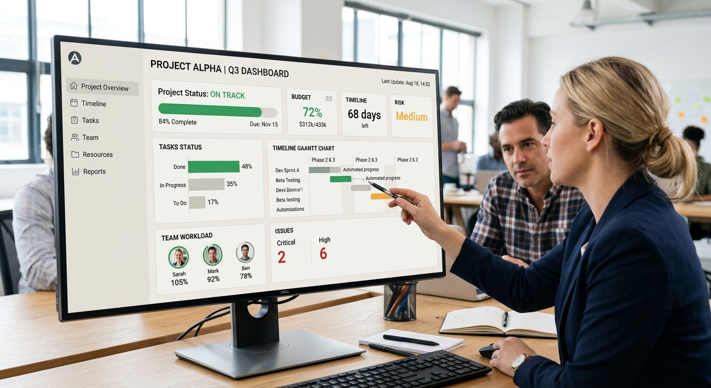 Project manager dashboard showing automated status updates and AI tracking