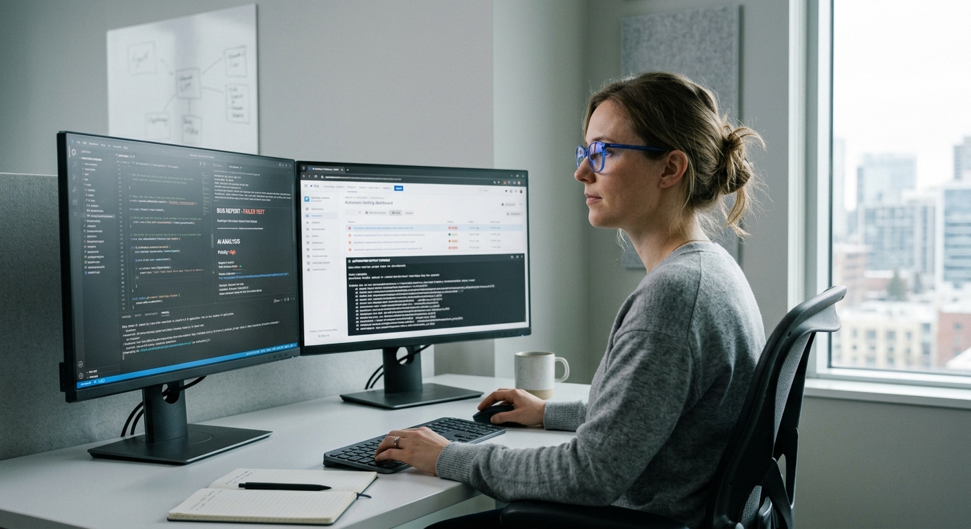 QA engineer reviewing automated bug reports generated by Zosma Cowork on a desktop workstation