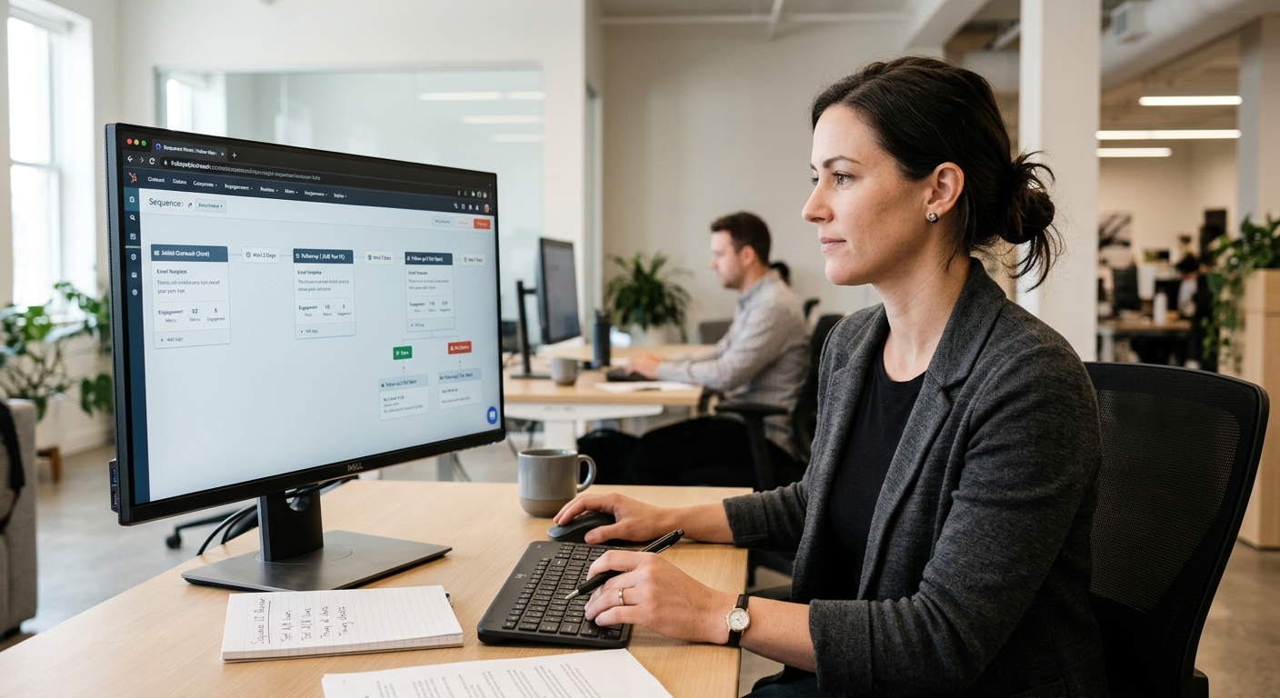 Sales professional reviewing automated follow-up sequences and pipeline data on desktop with Zosma Cowork